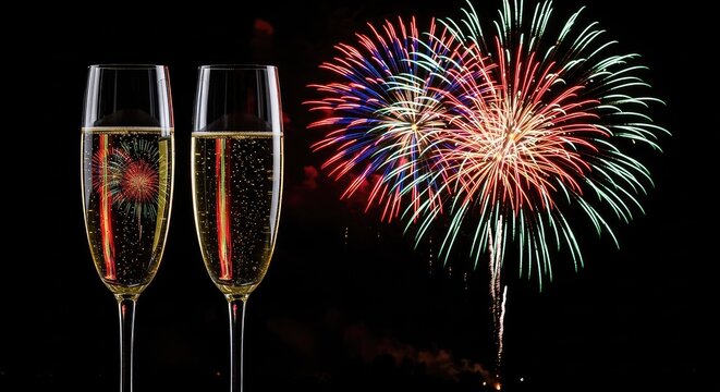 Two elegant crystal champagne flutes filled with golden sparkling wine stand against a night sky filled with vibrant bursting fireworks, drink, sophisticated, golden