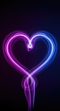 Vibrant glowing heart silhouette formed by swirling neon smoke in deep violet and electric blue hues, set against a dark, moody backdrop, colorful, mood, atmosphere