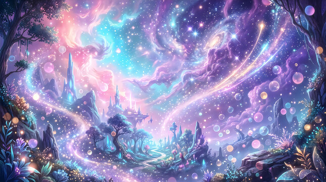 Magical fantasy forest landscape with glowing stars and vibrant purple and blue cosmic lights