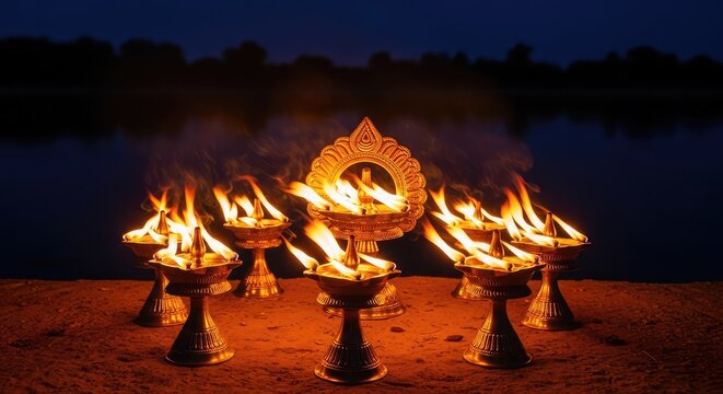 Vibrant golden fire lamps glow intensely against the night sky, casting flickering reflections on dark water during a sacred evening ritual, warmth, ritualistic, atmosphere