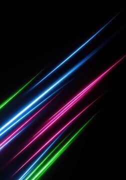 Vibrant neon diagonal light streaks slice through a deep black background, creating a futuristic sense of high speed and motion energy, digital, flow, abstract