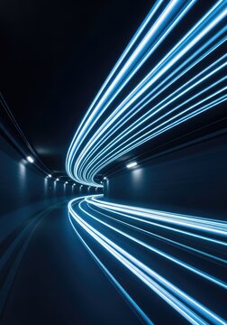 Vibrant neon blue light streaks race through a pitch-black underground tunnel, creating a sense of rapid motion and futuristic energy, glowing, speed, dark