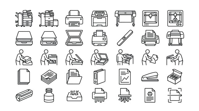 Modern office printer icons set, professional printing equipment line art, 35 document scanning and copying vector symbols for business