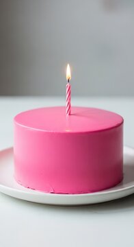Vibrant pink birthday cake features smooth icing and a glowing lit candle, placed on a white ceramic plate for a festive sweet celebration, homemade, glowing, background