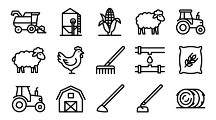 Farm Icons Set: Tractor, Harvester, Sheep, Chicken, Corn, Barn, Hay Bale, Tools © 50mas