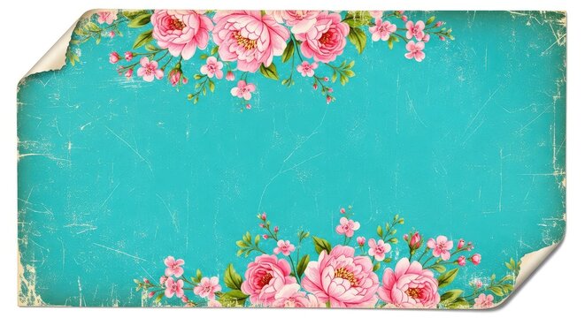 Vintage cottage style scrapbook paper with pink floral patterns on a distressed teal background featuring worn textures and antique charm, turquoise, decorative, paper