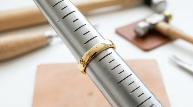 Gold wedding band on a metal ring mandrel sizing tool. Jeweler workbench with hammers and tools in soft focus. Jewelry making and sizing concept
