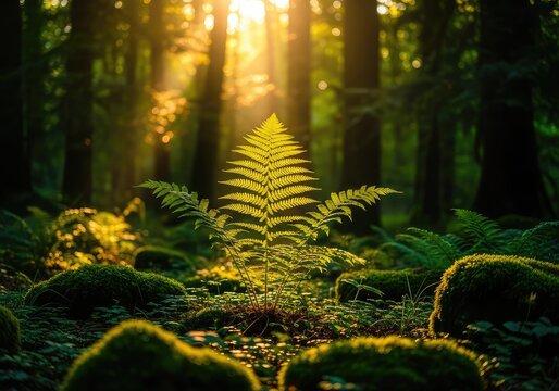 Warm golden sunbeams pierce through a thick canopy of ancient emerald trees, illuminating vibrant ferns and moss in a peaceful woodland, atmosphere, foliage, lush