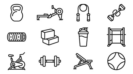 Fitness Equipment Icons Set: Kettlebell, Rower, Jump Rope, Dumbbell, Gym Machine © 50mas