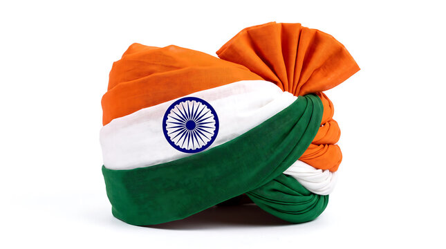 A traditional Indian turban displays the national flag colors of saffron white and green with an embroidered chakra emblem to celebrate the annual Independence Day ceremony observed in New Delhi