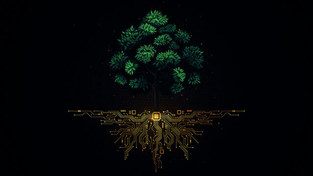 A digital tree with circuit board roots and glowing leaves on a dark background concept