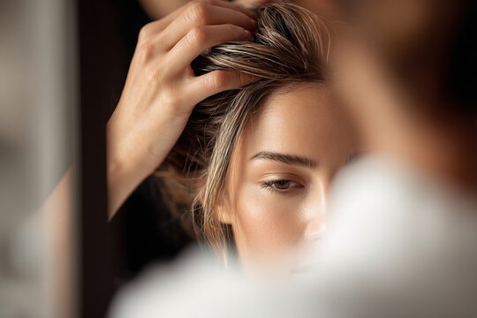 A woman is gazing into a mirror. A stylist is working on her hair in a beauty salon setting. The scene takes place during daylight hours