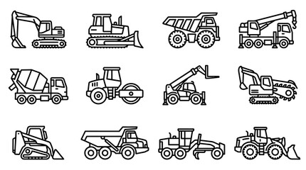 Construction Vehicle Icons: Excavator, Bulldozer, Crane, Dump Truck, Loader, Roller © 300mas