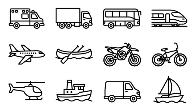 Diverse Transportation Icons: Ambulance, Truck, Bus, Train, Plane, Boat, Bike