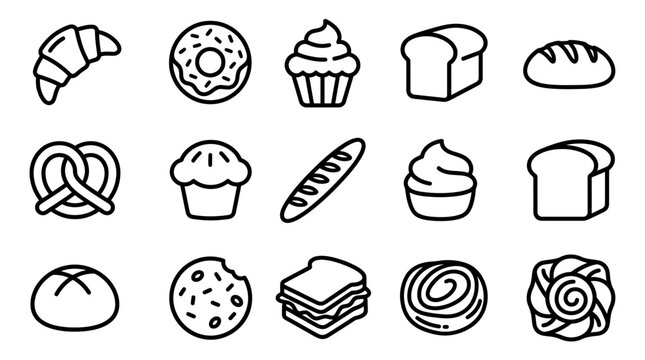 Assorted Baked Goods Icons: Croissant, Donut, Muffin, Bread, Pretzel, Cookie, Pastry