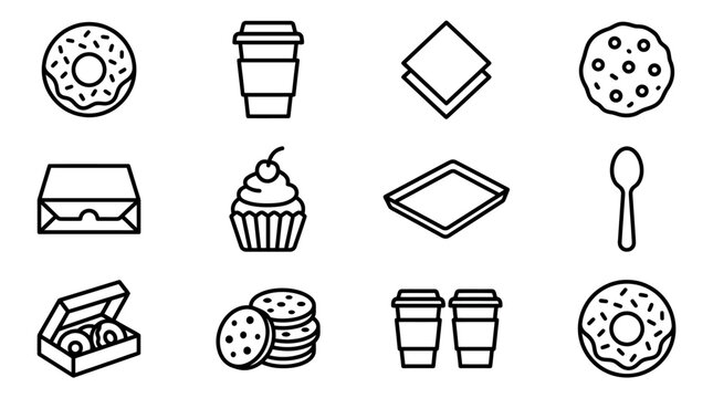 Donuts, Coffee Cups, Cookies, Cupcake, Box, Spoon - Bakery Icons Set