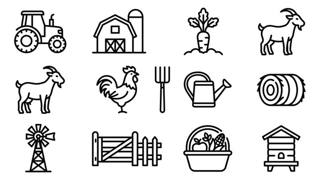 Farm Icons Set: Tractor, Barn, Animals, Crops, Tools, Mill, Beehive