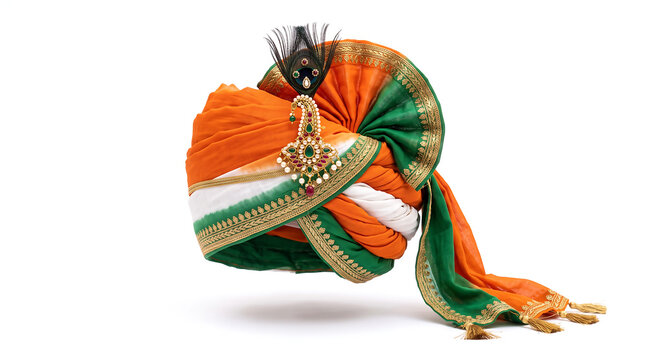 A traditional Indian turban displays vibrant saffron green and white fabric folds adorned with an ornate jeweled brooch featuring a decorative peacock feather to celebrate rich cultural wedding
