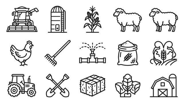 Farming Icons: Tractor, Combine, Silo, Sheep, Chicken, Barn, Crops, Tools
