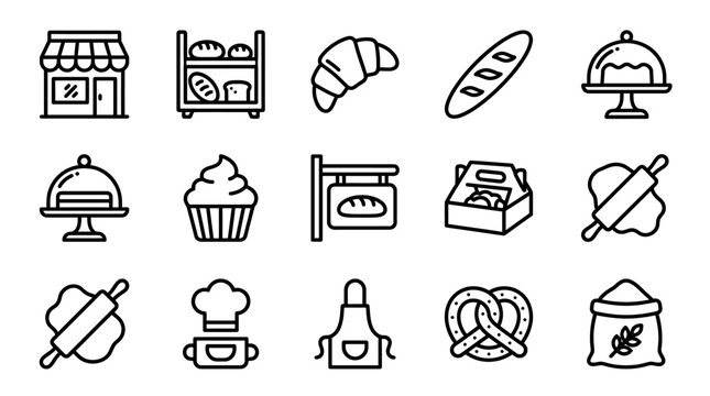 Bakery Icons Set: Shop, Bread, Croissant, Cake, Cupcake, Rolling Pin, Pretzel, Apron, Chef Hat