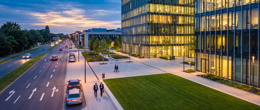 Modern office building complex at twilight featuring illuminated glass facades, paved walkways, and busy city streets for corporate real estate and business marketing