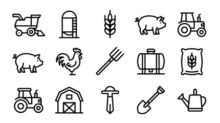 Farm Icons: Tractor, Silo, Pig, Rooster, Harvester, Wheat, Barn, Pitchfork, Shovel © Afganganteng