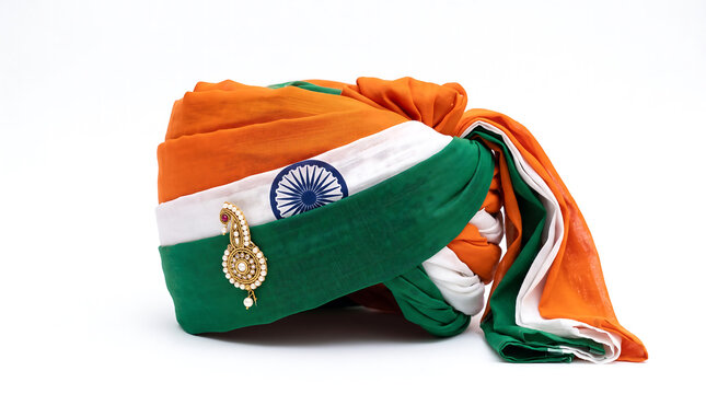 A traditional Indian turban displays the colors of the national flag featuring the Ashoka Chakra emblem worn during festivals and historic cultural celebrations to represent patriotic pride