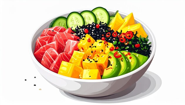 Colorful fruit salad in white bowl on white background.