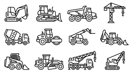Construction Vehicles Icons Set: Excavator, Bulldozer, Crane, Dump Truck, Mixer, Roller, Loader © Boycilik