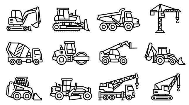 Construction Vehicles Icons Set: Excavator, Bulldozer, Crane, Dump Truck, Mixer, Roller, Loader