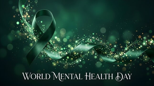 Abstract green background with glowing particles and a ribbon representing awareness for world mental health day celebration event