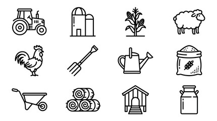 Farming Icons Set: Tractor, Silo, Corn, Sheep, Rooster, Tools, Hay, Barn, Milk Can © Boycilik