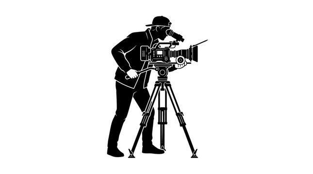 Silhouette of a cameraman operating a professional video camera.