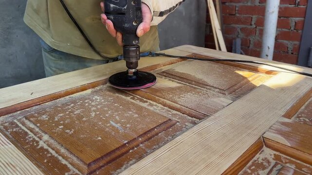 Male hands use electric polishing machine to smooth and refine wooden door surface. The rotating pad carefully treats wood, enhancing texture and finish during detailed restoration or renovation work