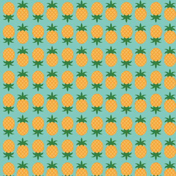 Seamless pineapple pattern with tropical fruit on a turquoise background. Bright summer design perfect for fabric, wallpaper, wrapping paper, stationery and kitchen decor.