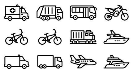 Set of Transportation Icons: Ambulance, Truck, Bus, Motorcycle, Bicycle, Yacht, Airplane © Domboancok