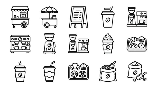 Coffee Shop Icons: Espresso Machines, Grinders, Drinks & Pastries - Vector Set
