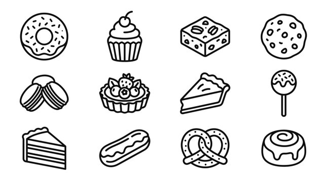 Sweet Desserts Collection Icons: Donut, Cupcake, Brownie, Cookie, Macaron, Tart, Cake Slice, Cake Pop, Pretzel, Cinnamon Roll