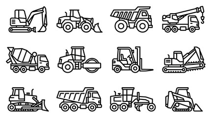 Construction Vehicle Icons Set: Excavator, Bulldozer, Crane, Dump Truck, Loader, Forklift © Domboancok