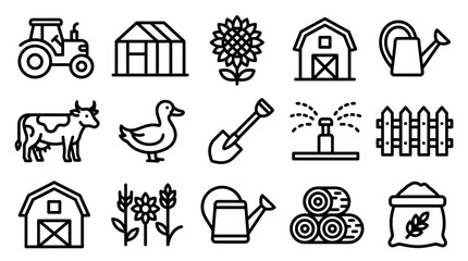 Farm Icons Set: Tractor, Greenhouse, Sunflower, Barn, Cow, Duck, Tools, Fence, Hay © 400bos