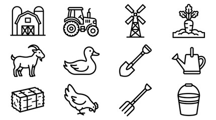Fototapeta premium Farm Icons Set: Barn, Tractor, Windmill, Animals, Vegetables, Tools on White Background