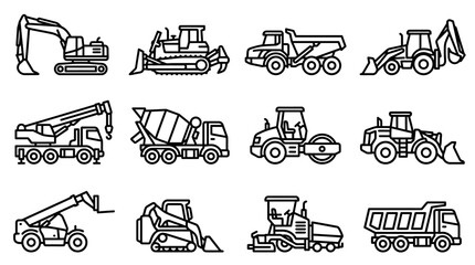 Construction Vehicles Line Icons Set: Excavator, Bulldozer, Dump Truck, Crane, Loader © Hanzcoli