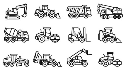 Construction Vehicles Icons Set: Excavator, Bulldozer, Dump Truck, Crane, Mixer, Roller © Hanzcoli