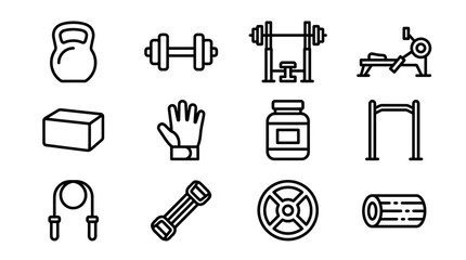Fitness Equipment Icons: Kettlebell, Dumbbell, Bench, Rower, Jump Rope, Foam Roller © Hanzcoli