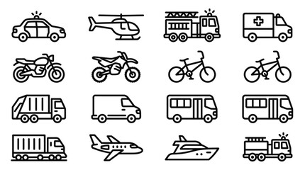 Diverse Transportation Icons: Vehicles Collection - Police Car, Helicopter, Fire Truck, Ambulance, Motorcycle © Jayagem