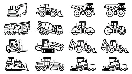 Construction Equipment Icons: Excavator, Loader, Dump Truck, Crane, Mixer, Roller, Forklift, Dozer © Anginbenjol