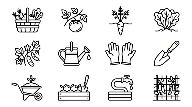 Gardening Icons Set: Vegetables, Tools, and Supplies for Organic Farming