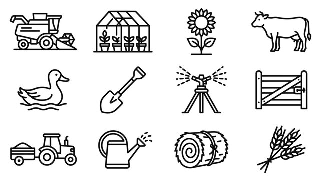 Farm Icons: Combine Harvester, Greenhouse, Sunflower, Cow, Duck, Shovel, Sprinkler, Gate, Tractor, Watering Can, Hay Bale, Wheat