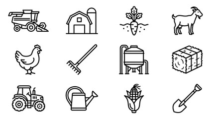 Farm icons: tractor, combine, chicken, goat, barn, corn, carrot, hay, shovel, rake, watering can © Jayagem