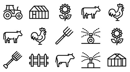 Farm Icons: Tractor, Greenhouse, Sunflower, Cow, Rooster, Pitchfork, Sprinkler, Fence © Anginbenjol